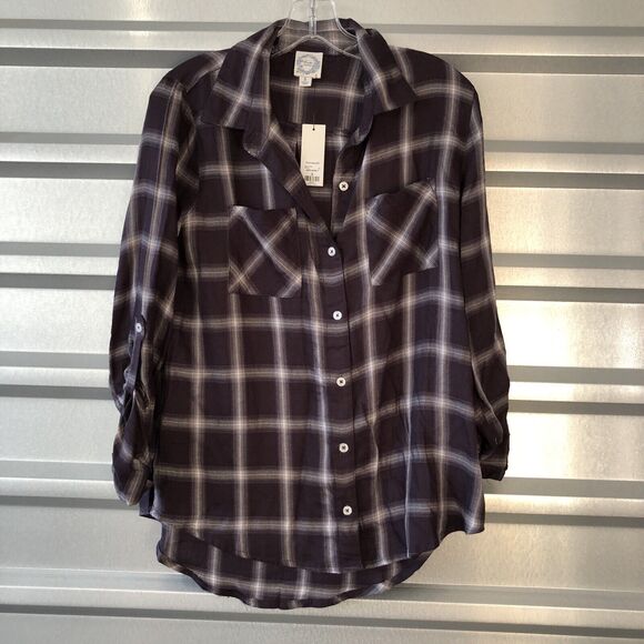 Francesca Tops - Francescas blue rain button up shirt small long sleeve plaid purple light ti